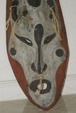 RARE UNIQUE OCEANIC ART LARGE HAND CARVED TRIBAL  POLYCHROME WAR CANOE BOAT PROW PROTECTIVE ANCESTOR EFFIGY SPIRIT MASK COLLECTED ON SEPIK RIVER PAPUA NEW GUINEA NATURAL CLAY & LIME PIGMENTS BARK TWINE 12A11 DESIGNER COLLECTOR 26.5"x12.5"x3.25"