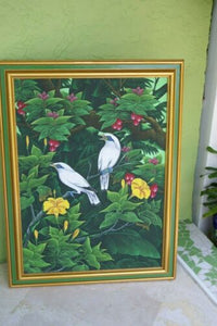 GIGANTIC 31”x 25”  ORIGINAL DETAILED COLORFUL  BALINESE PAINTING ON CANVAS SIGNED BY RENOWN UBUD ARTIST RAINFOREST PARADISE WITH FOLIAGE FRUIT HIBISCUS STARLING BIRDS FRAMED IN SIGNED CUSTOM FRAME HANDPAINTED TO MATCH  ARTWORK DFBB4 DESIGNER COLLECTOR