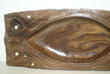 10.5”x 4. 5” UNIQUE STUNNING MUSEUM ROSEWOOD WOODEN BOWL WITH INCISED DELICATELY OPENED BORDERS & ROUND SHAPED MOTHER OF PEARL INLAYS BY RENOWNED TRIBAL SCULPTOR FROM REMOTE TROBRIAND ISLANDS MELANESIA MASSIM SOUTH PACIFIC COLLECTOR DESIGNER ART 2A38