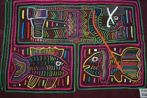 1990's Kuna Indian Folk Art Mola Blouse Panel from San Blas Islands, Panama. Handstitched Applique: Rare Motif of Scuba Diver Catching Fish 16.5