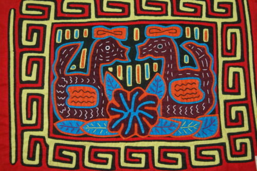Kuna Indian Folk Art Mola blouse panel from San Blas Islands, Panama. Hand stiched Applique: Water Hen / Duck Floating on Pond with Water Lilies 13.75