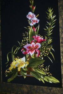 Huge Hmong Tribe Colorful Artwork Silk Embroidery Needlework Original Museum Art Masterpiece of Japanese Bouquet Floral Arrangement in vase, orchids & lilies, Hand stitched by Talented artist Mats & Frame Hand painted & signed DFH7 31" x 23 ½  Décor