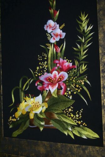 Huge Hmong Tribe Colorful Artwork Silk Embroidery Needlework Original Museum Art Masterpiece of Japanese Bouquet Floral Arrangement in vase, orchids & lilies, Hand stitched by Talented artist Mats & Frame Hand painted & signed DFH7 31