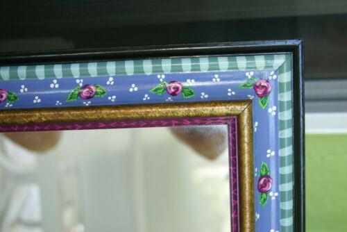 UNIQUE MIRROR WITH COLORFUL PASTELS INTRICATE DETAILED HAND PAINTED FRAME WITH ROSES MOTIFS SIGNED BY FLORIDA ARTIST, ONE OF A KIND ITEM DA32 SIZE (LARGE): 28