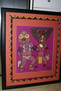 RARE UNIQUE COLORFUL FOLK ART PAINTING PAPUA NEW GUINEA HUMOROUS ARTIST: TRIBAL MUDMAN WARRIOR  AND WIFE  FRAMED IN DOUBLE  SIGNED HAND PAINTED FRAMES TO MATCH THE ART DESIGNER COLLECTOR WALL CARTOON  ART 27" X 22” HUGE DFP9