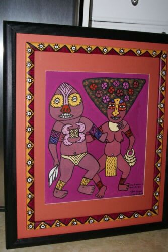 RARE UNIQUE COLORFUL FOLK ART PAINTING PAPUA NEW GUINEA HUMOROUS ARTIST: TRIBAL MUDMAN WARRIOR  AND WIFE  FRAMED IN DOUBLE  SIGNED HAND PAINTED FRAMES TO MATCH THE ART DESIGNER COLLECTOR WALL CARTOON  ART 27