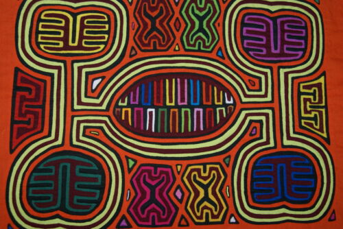 Kuna Indian Traditional Blouse Mola Panel from San Blas Islands, Panama. Hand-stitched Reverse Applique Folk Art: Boat & Paddles Motif, 16