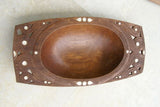 STUNNING 1 OF A KIND HAND CARVED KWILA WOOD MUSEUM MASTERPIECE SERVING PLATTER DISH BOWL WITH MOTHER OF PEARL INSERTS & DELICATE LACY BORDERS RENOWNED TRIBAL SCULPTOR TROBRIAND ISLANDS MELANESIA SOUTH PACIFIC COLLECTOR DESIGNER 2A112 17.5"x 8.5 x 2.75"