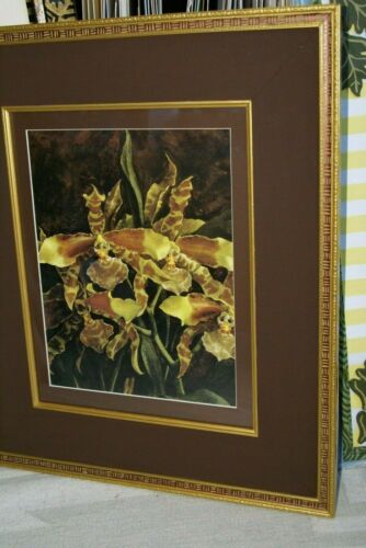 Artist Alexandre Brun Orchid Art Odontoglossum flower Print Framed in Unique Designer Frame with minute hand painted detail of basket weave plus 1 mat, very large 21.75