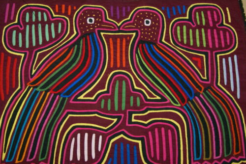 Kuna Indian Folk Art Mola Blouse Panel from San Blas Islands, Panama. Hand stitched Applique: Mirror Image Peace Dove Birds 16.5