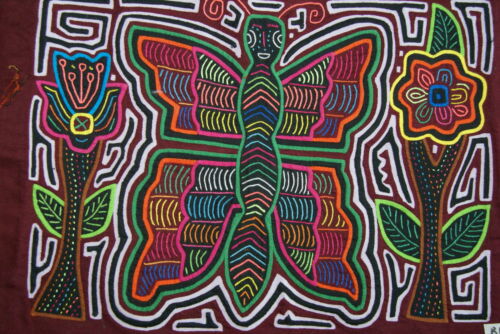 Kuna Indian Traditional Mola blouse panel from San Blas Islands, Panama. Hand stitched Folk Art Applique: Butterfly & Flowers with Maze Background  15