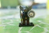 BRAND NEW, RARE, RETIRED LEGO MINIFIGURE: EVIL DWARF WITH BEARD, HELMET, SHIELD, TOOL: DOUBLE EDGE HATCHET WEAPON, + BLACK BASE  (Serie 5) 8805-10, YEAR 2011, 10 PIECES.