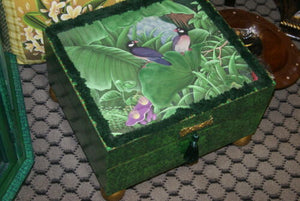 Signed Hand Painted Wood Wooden Box Detailed Art Tropical Foliage Waterlily & Bird Designer Décor Collector Huge size 16" x 14"x 10.5" DWBX2
