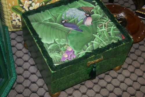Signed Hand Painted Wood Wooden Box Detailed Art Tropical Foliage Waterlily & Bird Designer Décor Collector Huge size 16