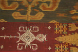 Hand woven Ceremonial Figural Sumba Hinggi Warp Ikat Textile Tapestry (101" x 24") Waeo Songket. Made with Natural Dyes Handspun Cotton. Animal and insects motifs adorned with hand sewn tiny Nassa Shells (no45) colorful greens, rust red, gold.