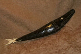Timor Ethnic Authentic Lime Tribal Container, Unique & Rare Hand Carved Buffalo Horn & Bone receptacle Representing a Barracuda Fish (14" long) ITEM BN47 comes with handcrafted base, gold and black