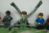 4 NOW RARE, VERY HARD TO FIND, RETIRED LEGO MARVEL SUPERHEROES MINIFIGURES: DARK BLUE SPIDERMAN, DR OCTOPUS 4855, POLICEMAN 4854, TAXI DRIVER 4852, CAR, WEAPONS & PROPS (73 PCS). KIT 41