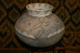 Rare 1980's Vintage Collectible Primitive Handcrafted Vermasse Terracotta Pottery, Vessel from East Timor Island Indonesia: Adorned with Decorative Geometric & 3D Raised Relief Ancestors Motifs colored with natural earthtone Pigments 7.5" x 10" Item P8
