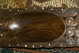 2 LARGE STUNNING HAND CARVED ROSEWOOD MUSEUM MASTERPIECES SAGO PLATTER DISH BOWLS WITH MOTHER OF PEARL INSERTS & DELICATELY INCISED LACY BORDERS BY RENOWNED TRIBAL SCULPTOR TROBRIAND ISLANDS MELANESIA SOUTH PACIFIC COLLECTOR DESIGN 2A89 & 2A27.