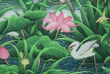30”x 25” MASTERPIECE DETAILED COLORFUL  BALINESE PAINTING ON CANVAS RENOWN UBUD ARTIST RAINFOREST PARADISE FOLIAGE POND LOTUS EGRET HERON BIRD FRAMED IN SIGNED CUSTOM FRAME HAND PAINTED TO MATCH  ARTWORK DFBB6 DECORATOR DESIGNER ART COLLECTOR HOME DÉCOR