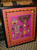 RARE UNIQUE COLORFUL FOLK ART PAINTING PAPUA NEW GUINEA HUMOROUS ARTIST: TRIBAL MUDMAN WARRIOR  AND WIFE  FRAMED IN DOUBLE  SIGNED HAND PAINTED FRAMES TO MATCH THE ART DESIGNER COLLECTOR WALL CARTOON  ART 27" X 22” HUGE DFP9