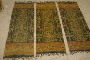 Hand woven Intricate motifs Sumba Hinggi Warp Ikat Tapestry (45" x 15") Hand spun Cotton Dyed with Vegetable Dyes. Adorned with Animal Motifs and Geometric Patterns (IRS47) ) earthtones with fringes wall Décor designer textile collector