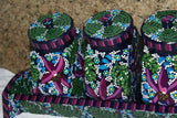 Signed & Hand painted Glass Art: Unique CANISTER SET painted in Pointillism with Laelia Cattleya Orchid Flower motifs by Florida artist Great detail colorful complete with wooden hand painted base.