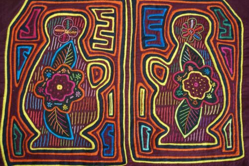Kuna Indian Abstract Mola blouse panel, from San Blas Island Panama. Hand stitched panel Applique: Bottle Jug Flower Art Motif 17