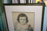 19th century original antique 1857 H.C HAND COLORED Original Authentic Currier & Ives Huge Folio Lithograph 29 1/2" X 24 child with "Grandpapa’s Cane" professionally framed in signed hand painted frame and double matted, one mat is hand painted as well