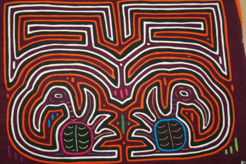 Kuna Indian Cinquo De Mayo Mola blouse panel from San Blas Island, Panama. Detailed Hand stitched Applique Folk Art: Pelican Labyrinth Maze Textile, Cinquo de Mayo Celebration 16