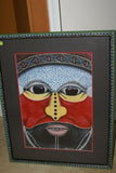 RARE UNIQUE AUTHENTIC COLORFUL FOLK ART PAINTING TRIBAL WARRIOR FROM PAPUA NEW GUINEA ARTIST FRAMED IN SIGNED HAND PAINTED FRAME TO MATCH THE ART WITHIN 29 1/4” X 23 3/4” DFP7 DESIGNER COLLECTOR WALL ART