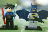 2 NEW, NOW VERY RARE, RETIRED LEGO SUPERHERO MINIFIGURES: BATMAN WITH WINGS & BAT-A-RANG WEAPON SET 6858 & NIGHTWING FROM ARKHAM ASYLUM SET 7785 (YEAR 2006)  + BLACK DISPLAY BASES (KIT 1) MFS: 14 PIECES