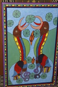 RARE UNIQUE COLORFUL  FOLK ART PAINTING FROM PAPUA NEW GUINEA ARTIST EGRET HERON CRANE LAKE WATER LILIES SIGNED  & FRAMED IN SIGNED HAND PAINTED FRAME TO MATCH THE ART DECORATOR DESIGNER COLLECTOR WALL  ART  33 1/2” by 21 1/4” HUGE DFP3