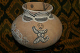 Rare 1980's Vintage Collectible Primitive Hand Crafted Vermasse Terracotta Pottery, Vessel from East Timor Island, Indonesia: Adorned with Decorative Geometric & 3D Raised Relief Ancestors Motifs colored with natural earthtone pigments 8.5" x 6.5", P15