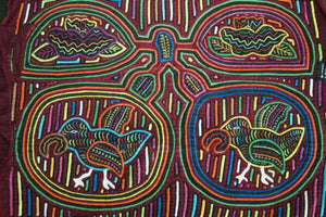 Kuna Indian Abstract Mola Textile blouse panel Applique Art, from San Blas Islands Panama. Hand Stitched with Tiny Stitches: Parrots & Coconut Palms Size: 15" x 13" (55A)