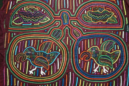 Kuna Indian Abstract Mola Textile blouse panel Applique Art, from San Blas Islands Panama. Hand Stitched with Tiny Stitches: Parrots & Coconut Palms Size: 15
