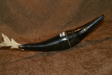 Timor Ethnic Authentic Lime Tribal Container, Unique & Rare Hand Carved Buffalo Horn & Bone receptacle Representing a Barracuda Fish  (14" long) ITEM BN46A comes with handcrafted base, gold and black