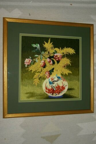 Hmong Tribe Colorful Artwork Embroidery Needlework Original Museum Art Masterpiece Floral Bouquet of roses & mimosa in vase DFH17 Hand stitched by Talented Artist  Professionally x2 matted & Framed 19