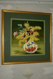 Hmong Tribe Colorful Artwork Embroidery Needlework Original Museum Art Masterpiece Floral Bouquet of roses & mimosa in vase DFH17 Hand stitched by Talented Artist  Professionally x2 matted & Framed 19"x 18" Wall Art Home Décor Designer Collector Decorator