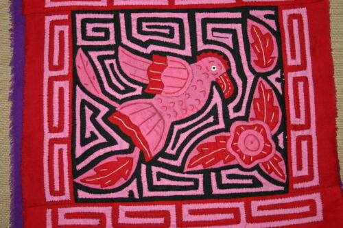 Kuna Indian Folk Art Tribal Mola Blouse Panel from San Blas Islands, Panama. Hand stitched Applique: Parrot 12