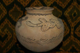 Rare 1980's Vintage Collectible Primitive Hand Crafted Vermasse Terracotta Pottery, Vessel from East Timor Island, Indonesia: 3D Raised Relief Decorative Geometric & Crocodile Motifs colored with natural earth tone pigments 8' x 6.5" (23" Diameter) P32