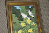 FRAMED 19”x 15.5” ORIGINAL DETAILED COLORFUL  BALINESE PAINTING ON CANVAS BY RENOWN UBUD ARTIST RAINFOREST PARADISE WITH NATURE FOLIAGE HIBISCUS STARLING BIRDS BANANA LEAVES DFBB45 DECORATOR DESIGNER ART COLLECTOR ARTWORK  MASTERPIECE
