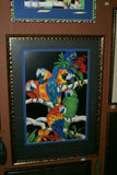 RARE 1988 BARBARA WALLACE LARGE GIGANTIC COLORFUL  & VIBRANT POSTER OF MACAW PARROTS DOUBLE MATTED IN UNIQUE SIGNED ARTIST HAND PAINTED FRAME 38"X 27” TROPICAL EXPRESSIONISM ART