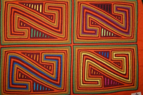 Kuna Indian Folk Art Mola Blouse Panel from San Blas Islands, Panama. Hand-stitched Reverse Applique: Fish Hook or Sleeping Z's Motifs 17
