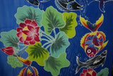 HIGH QUALITY HAND PAINTED FABRIC TEXTILE SARONG, SIGNED BY THE ARTIST. VIBRANT COLORS, DEEP BLUE BACKGROUND & DETAILED MULTICOLOR MOTIFS OF FISH AND LOTUS FLOWERS no 26A, 70” x 48”