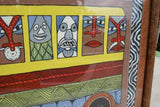 RARE UNIQUE COLORFUL  FOLK ART PAINTING PAPUA NEW GUINEA HUMOROUS ARTIST: TRIBAL WARRIORS TRAVELLING BY BUS & FRAMED IN SIGNED HAND PAINTED FRAME TO MATCH THE ART DESIGNER COLLECTOR WALL CARTOON  ART  38" X 27” HUGE DFP1