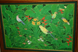 GIGANTIC 44”x 31” ORIGINAL DETAILED COLORFUL BALINESE PAINTING ON CANVAS BY RENOWN UBUD ARTIST RAINFOREST WITH FOLIAGE TROPICAL BIRDS PARROT BIRD OF PARADISE PLANTS HIBISCUS FRAMED IN HAND PAINTED CUSTOM FRAME DFBB9 DESIGNER ARTWORK MASTERPIECE WALL ART