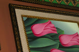 21.5”x 17”DETAILED COLORFUL BALINESE PAINTING ON CANVAS BY RENOWN UBUD ARTIST HOT PINK TULIPS FRAMED IN SIGNED CUSTOM FRAME HAND PAINTED WITH DETAIL TO INHANCE THE ARTWORK & WITH REAL SAND MAT DFBF1 DECORATOR DESIGNER ART COLLECTOR HOME DÉCOR