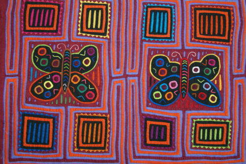 Kuna Indian  Traditional Mola Blouse Panel from San Blas Islands, Panama. Hand stitched Folk Art Applique: Butterfly Maze Motif 16