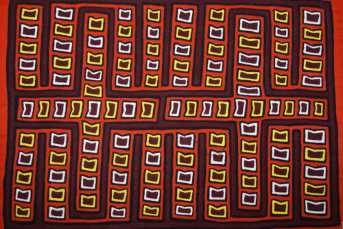 Kuna Indian Folk Art Mola Blouse Panel from San Blas Islands, Panama. Hand-stitched Reverse Applique: Pig Hooves Tracks with Traditional Maze Background  18.5